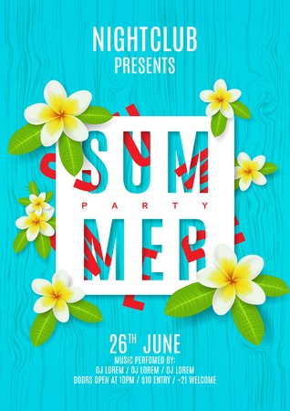 Vector illustration. Beautiful background with plumeria flowers on wooden texture. Invitation to nightclub.のイラスト素材