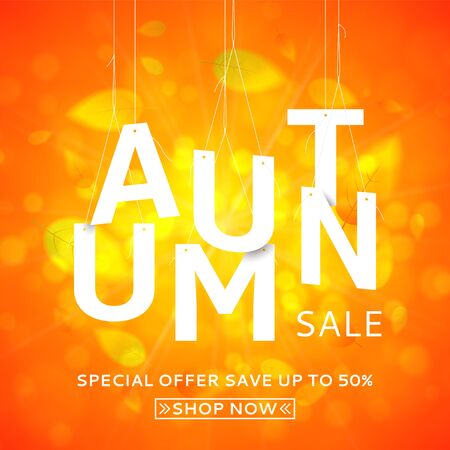 Bright orange background with the falling leaves. Vector illustration with papper white letters. Seasonal offer with discounts.のイラスト素材