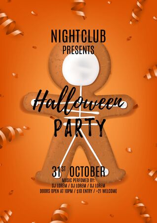 Top view on composition with confetti and serpentine on orange background. Vector illustration. Invitation to nightclub.のイラスト素材