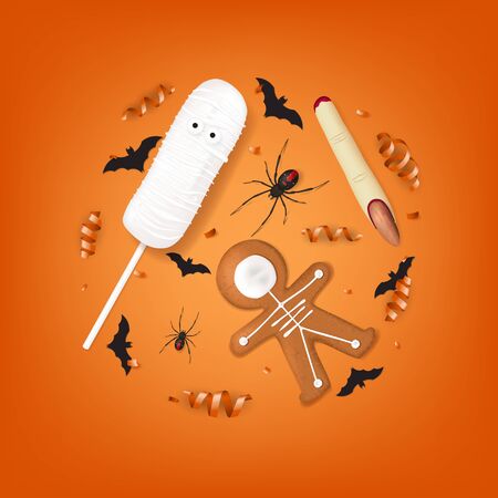 Top view on paper bats, spiders, confetti and serpentine. Vector illustration with cookies in form of skeleton gingerbread man.のイラスト素材