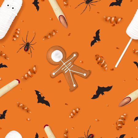 Vector illustration with cookies in form of skeleton gingerbread man. Top view on spiders, paper bats and confetti on orange backdrop.のイラスト素材