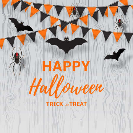 Vector illustration with black paper bats and spiders. Beautiful poster with festive orange and black garland on wooden texture.のイラスト素材