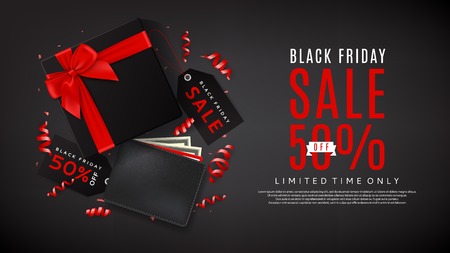 Black Friday sale discounts Top view on black gift box with satin bow and wallet on dark backdrop. Vector illustration with confetti, serpentine and advertising tags for seasonal offer.のイラスト素材