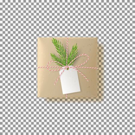 Vector illustration. Top view on Xmas gift with fir tree branch and tag. Template for greeting card on Christmas or New Year.のイラスト素材