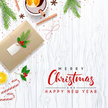 Beautiful Greeting Background with Lettering. Top View on Xmas Decoration with Paper Gift Boxes for Happy New Year. Vector Illustration.のイラスト素材