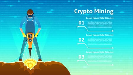 Modern Concept of Digital Crypto Mining. Person Extracting Coins from Rock with a jackhammer. Vector Illustration with Binary Computer Code.のイラスト素材