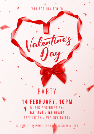 Beautiful Background with Red Satin Ribbon in the Shape of Heart with Bow. Vector Illustration with Lettering and Flying Confetti. Invitation to Nightclub.のイラスト素材