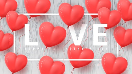 Beautiful Background with Realistic Air Balloons in the Shape of Heart. Vector Illustration with Wooden Texture.のイラスト素材