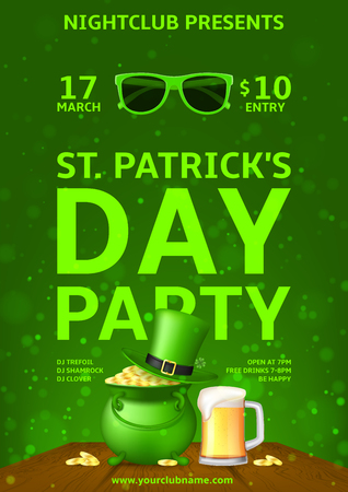 Saint Patrick's Day Party Flyer. Vector Illustration with Realistic Headbands with Shamrock, Glasses of Beer and with Pot on Wooden Texture. Invitation to nightclub.のイラスト素材