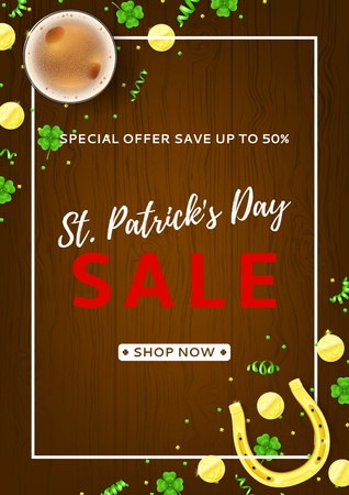 Promo Flyer for Saint Patrick's Day Sale. Top View on Festive Composition with Beer Glass, Horseshoe, Golden Coins and Clover Leaves on Wooden Texture. Vector Illustration with Confetti.のイラスト素材