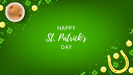 Happy Saint Patrick's Day Web Banner. Top View on Festive Composition with Beer Glass, Horseshoe, Golden Coins and Clover Leaves on Green Background. Vector Illustration with Confetti.のイラスト素材