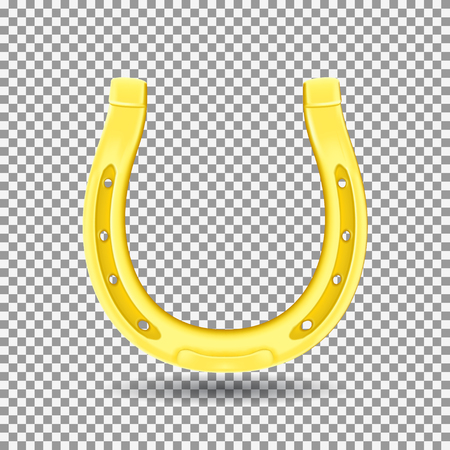 Golden Horseshoe Isolated on Transparent Backdrop. Realistic Goodluck Symbol. Vector Illustration with Icon of St. Patrick's Day.のイラスト素材