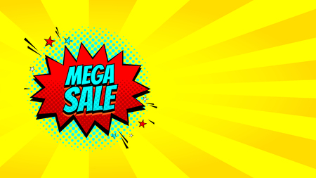 Pop art Mega sale discount promo banner. Decorative yellow background with explosive speech bubbles. Vector illustration with advertising offer.のイラスト素材
