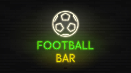 Dark web banner with neon sign of football bar. Modern neon red billboard on brick wall. Concept of advertising for beer pub with glowing text.のイラスト素材