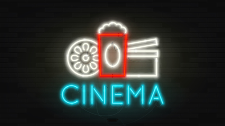 Color neon cinema billboard template. Retro realistic shining banner on brick wall. Concept of advertising for movie theater with glowing text.のイラスト素材