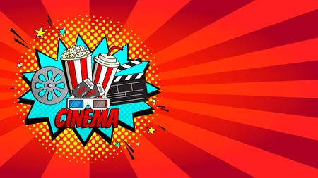 Red cinema web banner. Concept of movie watching symbol with pop corn, tickets and 3d glasses. Vector Illustration in Pop Art Style.のイラスト素材