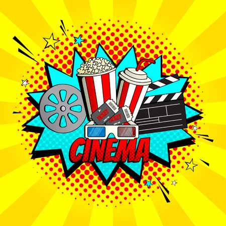 Yellow cinema banner template. Concept of movie watching symbol with pop corn, tickets and 3d glasses. Vector Illustration in Pop Art Style.のイラスト素材