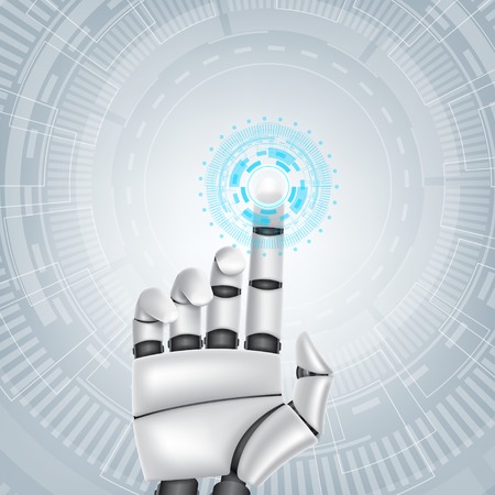 Robot mechanical arm clicks on button of augmented reality interface.  Artificial Intelligence with virtual HUD interface concept. Vector illustration. Techno background with cyborg hand.のイラスト素材
