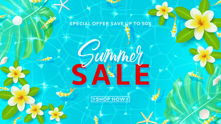 Summer sale web banner template. Top view on summer composition with floating flowers on water. Vector illustration with special discount offer.のイラスト素材