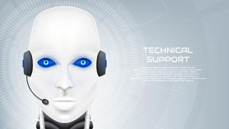 Concept of technical support with robot. Professional operator of call centre. Techno background with cyborg head. Vector illustration with artificial intelligence organism.のイラスト素材