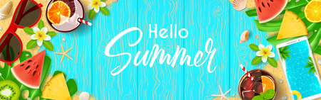 Hello Summer web banner. Top view on summer composition with realistic objects and tropical fruit on wooden texture. Vector illustration. Concept of seasonal recreation in tropical countries.のイラスト素材