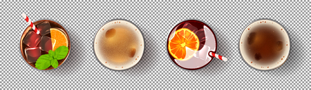 Set of realistic alcoholic drinks. Glasses of cocktails and beer isolated on transparent background. Vector illustration with fresh summer drinks.のイラスト素材