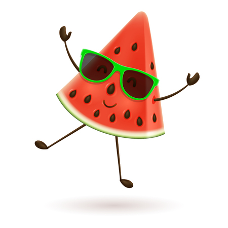 Cute watermelon character jumping. Vector illustration of cartoon slice of tropical fruit.のイラスト素材