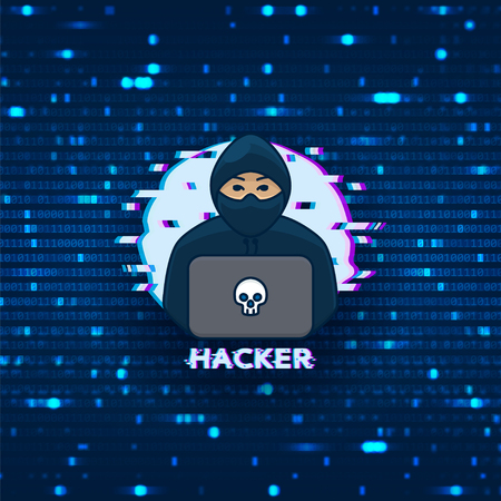 Hacker logo template. Symbol of digital thief with laptop. Hacker icon. Vector illustration with binary code background.のイラスト素材
