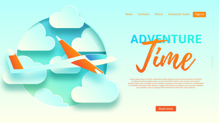 Adventure time web banner. Beautiful background with clouds and glider in paper art style. Vector illustration for design of tourist company.のイラスト素材