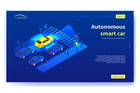 Autonomous smart car concept banner. Smart car stands in front of traffic light and scans road, signs, objects and crosswalk in the city.のイラスト素材