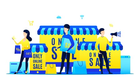 Online shopping banner template. Modern flat design of web page with people buying in the internet. Vector illustration.のイラスト素材
