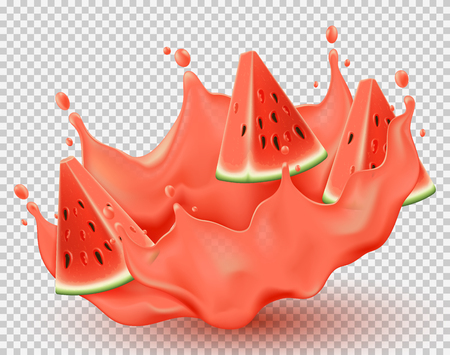 Juice splashing effect with watermelon slices. Realistic vector illustration for design uses. 3d objects isolated on transparent background.のイラスト素材