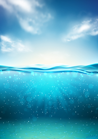 Sea landscape underwater space. Vector illustration with deep underwater ocean scene. Background with realistic clouds horizon water surface.のイラスト素材
