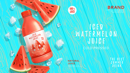 Promo web banner with iced watermelon juice. Vector illustration with realistic bottle, watermelon slices and ice on wooden background.のイラスト素材