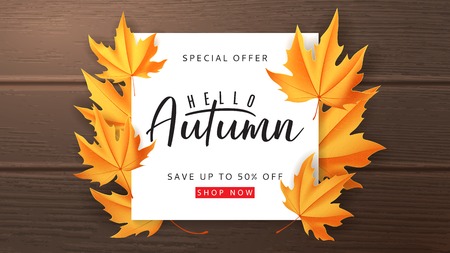 Seasonal autumn sale banner. Vector illustration with calligraphy lettering. Maple leaves on the dark wooden texture.のイラスト素材