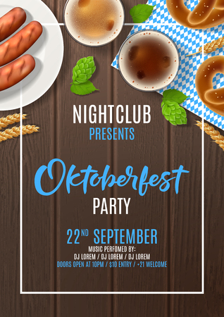 Oktoberfest party poster invite. Vector illustration with beer, sausages and traditional textile on wooden texture. Invitation to nightclub.のイラスト素材