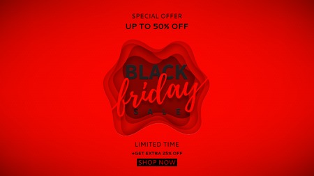 Red banner for Black Friday sale. Paper art concept for seasonal discount offer. Vector illustration with 3d paper art style.のイラスト素材