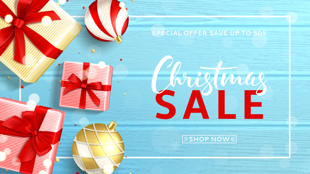 Elegant web banner for Christmas sale. Beautiful background with top view on realistic gift boxes and Christmas balls on rustic wooden texture. Vector illustration with confetti and effect bokeh.のイラスト素材