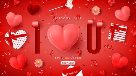 Happy Valentine's Day sale background. Vector illustration with 3d sliced and spiraled paper in the shape of letters. Top view on red serpentine and confetti, air balloons, gift boxes.のイラスト素材