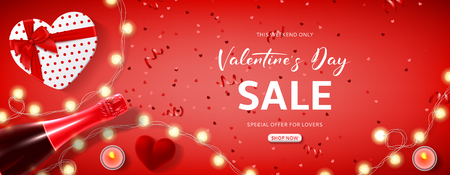 Valentine's Day sale festive background. Vector illustration with top view on realistic bottle of champagne, garlands, gift box and red serpentine and confetti. Promo seasonal offer.のイラスト素材