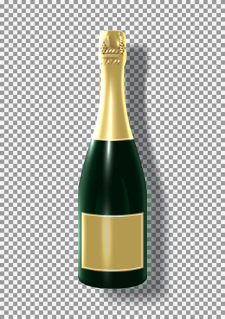 3d dottle of Champagne isolated on transparent background. Vector illustration with realistic green glass bottle with golden label. Element for Christmas, new year, birthday, valentine's day design.のイラスト素材