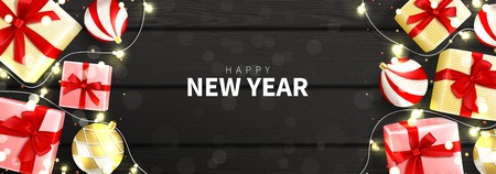 Happy New Year banner. Top view on gift boxes and Christmas balls on black wooden texture. Vector illustration with confetti. Xmas decorative design for Christmas posters, greeting cards, headers.のイラスト素材