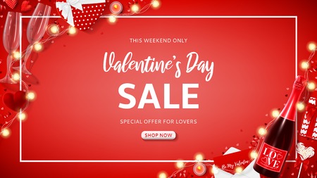 Festive banner for Valentine's Day sale. Vector illustration with top view on realistic bottle of champagne, glasses of champagne, gift boxes, garlands on red background. Promo seasonal offer.のイラスト素材