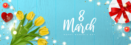 International Women's Day banner. Vector illustration with realistic yellow tulips flowers, gift box, ring box, candles, glowing garland and golden confetti. Greeting card for 8 March.のイラスト素材