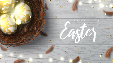 Happy Easter holiday greeting banner. Beautiful background with realistic wicker nest, white golden eggs, sparkling gold confetti, shining garland and chicken feathers. Holiday vector illustration.のイラスト素材