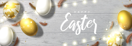 Happy Easter horizontal festive banner. Beautiful background with realistic white and golden eggs, sparkling gold confetti, shining garlands and chicken feathers. Holiday vector illustration.のイラスト素材