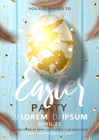 Holiday flyer for Easter party. Beautiful poster with realistic white and gold Easter egg and chicken feathers on wooden texture. Festive vector illustration. Invitation to nightclub.のイラスト素材