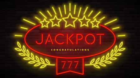 Jackpot gambling neon banner. Color card design with 3d glowing neon letters. Vector illustration with realistic light banner.のイラスト素材