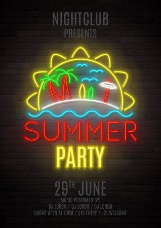Summer party shining neon poster. Color flyer design with 3d glowing neon elements. Vector illustration with realistic light banner. Invitation to nightclub.のイラスト素材