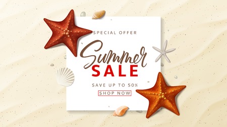 Summer sale advertisement vector banner. Summer background with top view on realistic seashells and starfishes on sea beach. Vector illustration with special discount offer.のイラスト素材